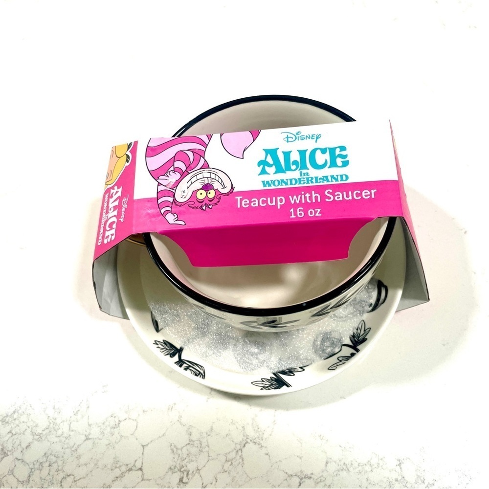 Disney Alice in Wonderland Floral & Black/White Teacups with Saucers Set of 2 - Picture 5 of 6